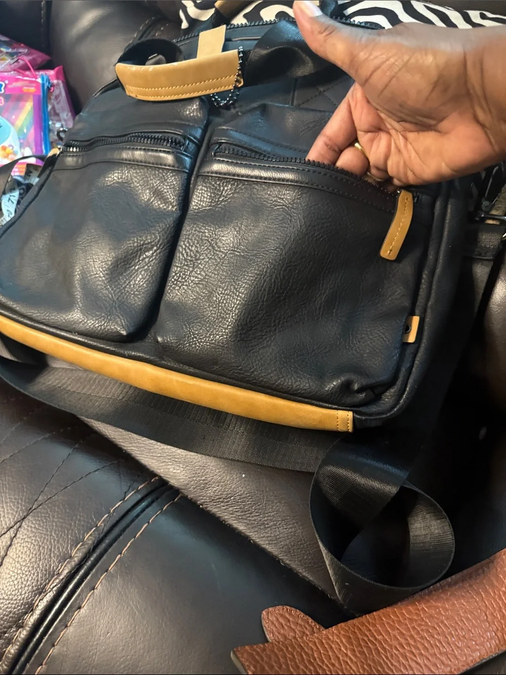 Men's Black Crossbody Messenger Bag with Tan Accents